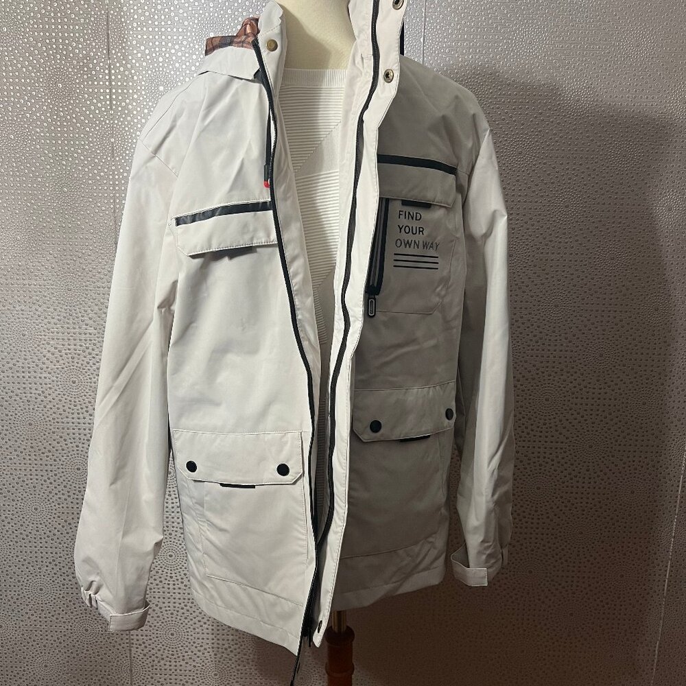 Leduntino Men’s Ivory Windbreaker Hooded Lined 3-in-1 Rain Coat Jacket Size M